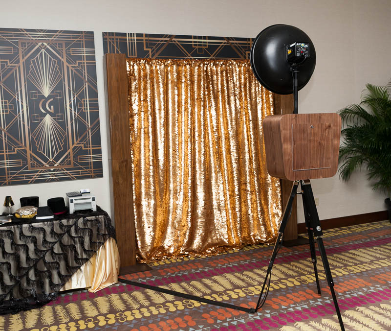 Vintage Walnut Open Air Photo Kiosk with Gold Sequins and Walnut Columns